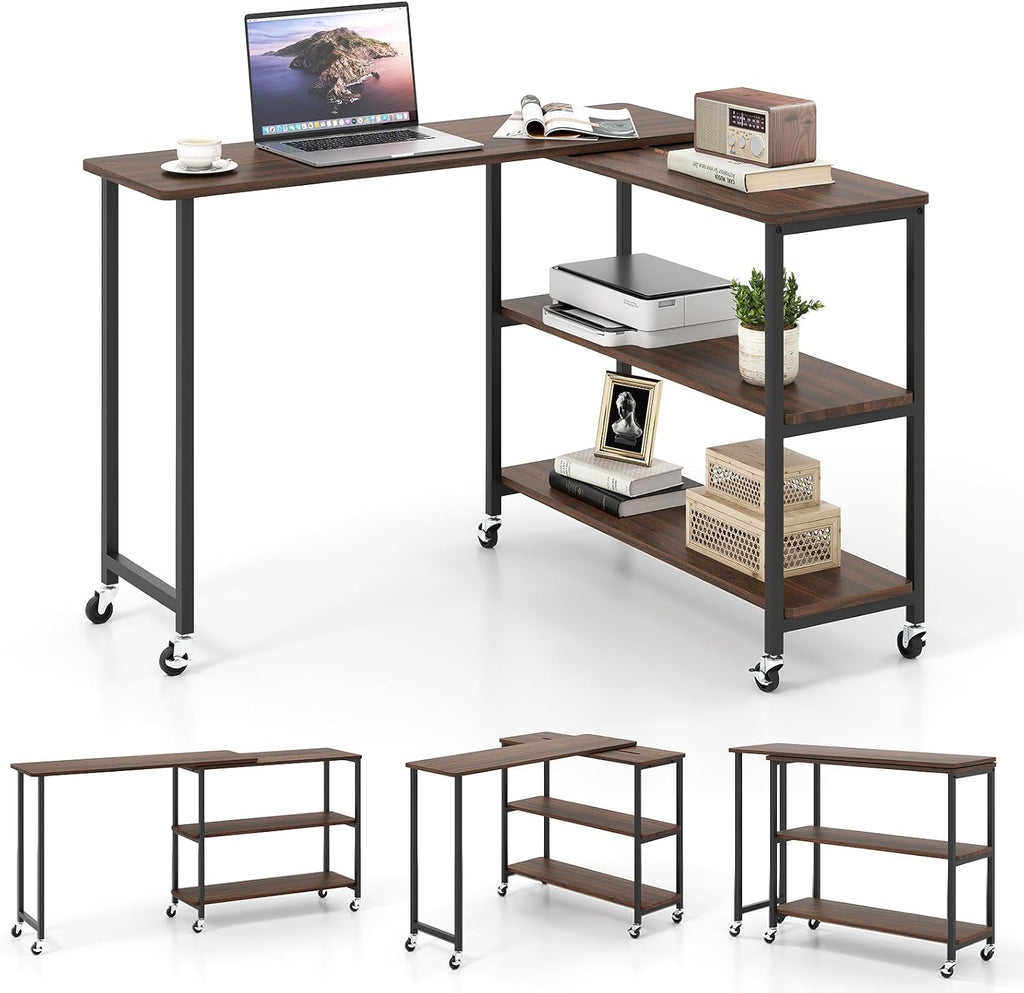 Giantex 360° Free Rotating Sofa Side Table, Patented Mobile End Table with 2-Tier Storage Shelves, 6 Universal Casters, Movable Laptop Tables for Snack, Couch, Walnut