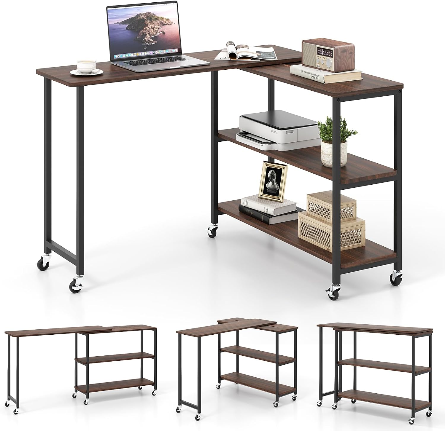 Giantex 360° Free Rotating Sofa Side Table, Patented Mobile End Table with 2-Tier Storage Shelves, 6 Universal Casters, Movable Laptop Tables for Snack, Couch, Walnut