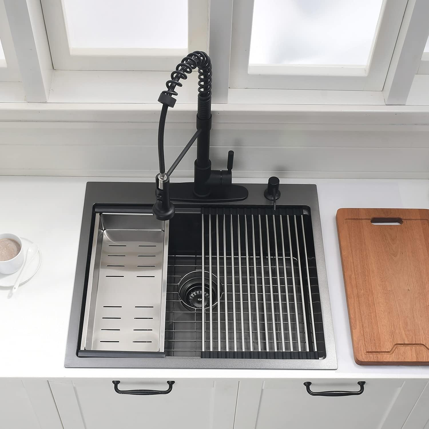 25 Inch Drop In Kitchen Sink Black - VOKIM 25x22-Inch Drop In/Topmount sink Workstation 16 Gauge Stainless Steel 10'' Deep Single Bowl Handmade Kitchen Sink with Cutting Board& Strainer
