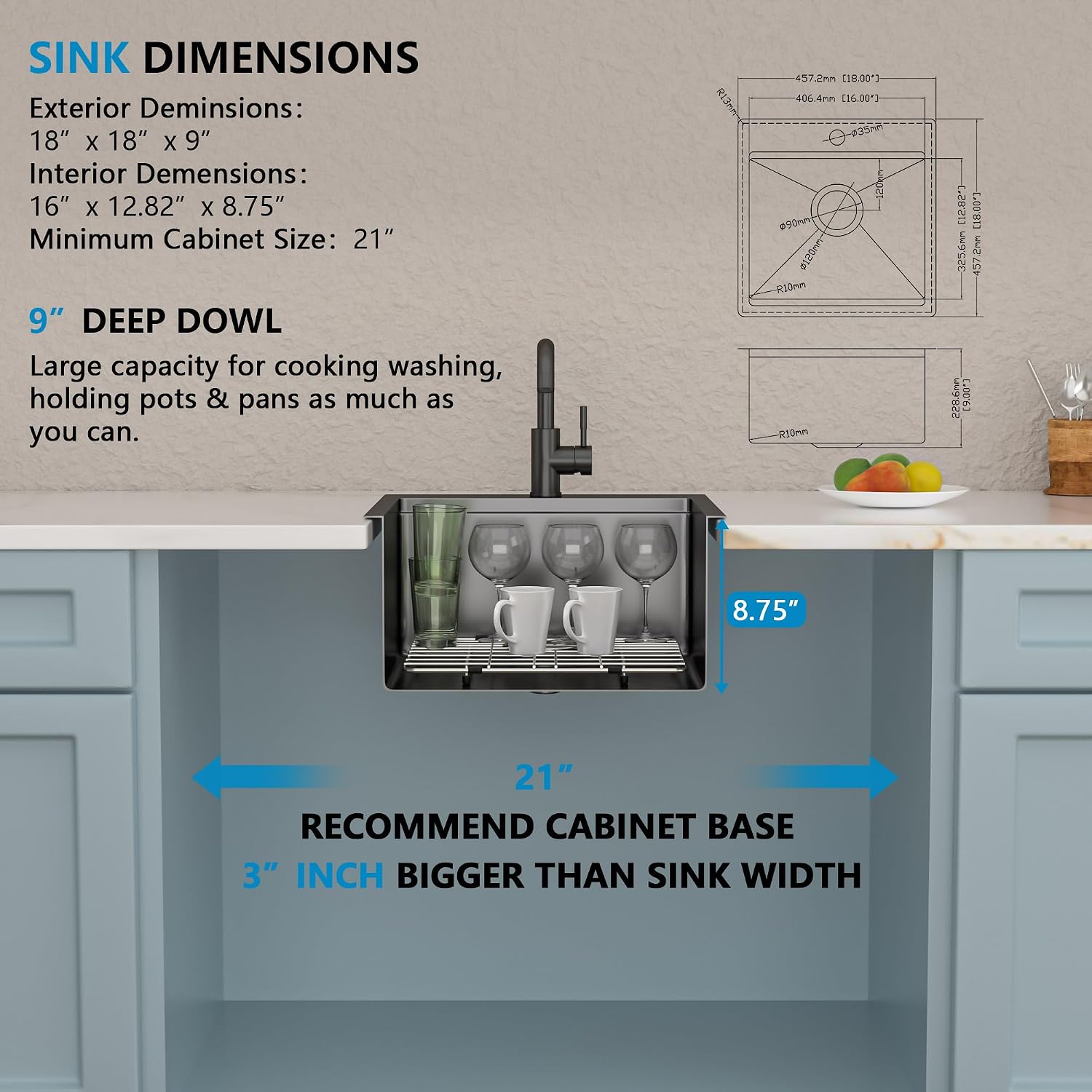 18'x18' Drop In Bar Prep Sink Workstation – Gunmetal Black NANO-PVD, 16 Gauge 304 Stainless Steel, Single Bowl Top Mount Wet Bar RV Outdoor Kitchen Sink with Faucet