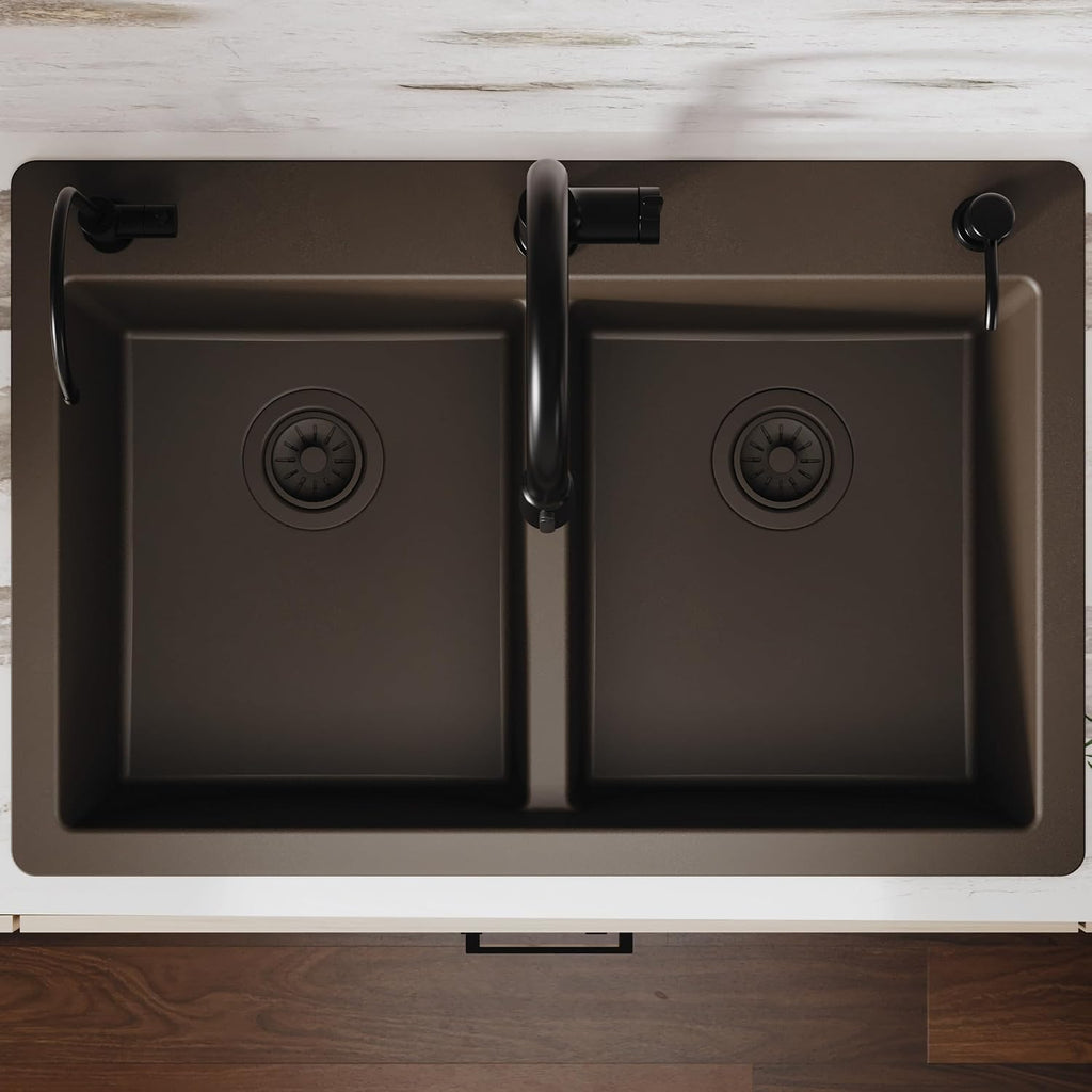 Karran 33' Brown Quartz Composite Double Bowl Kitchen Sink – Top Mount Drop-In 50/50 Low Divider, 80% Natural Quartz, 535°F Heat Resistant, Sound Dampening, Granite Composite, QT-810