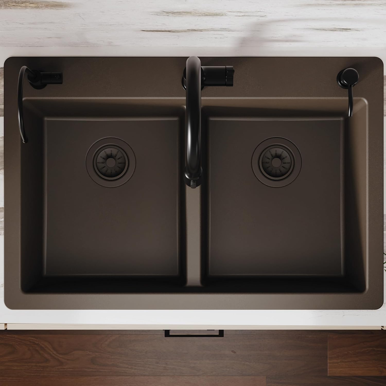 Karran 33' Brown Quartz Composite Double Bowl Kitchen Sink – Top Mount Drop-In 50/50 Low Divider, 80% Natural Quartz, 535°F Heat Resistant, Sound Dampening, Granite Composite, QT-810