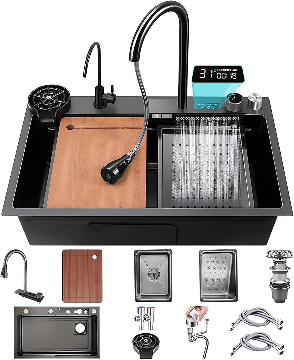 Single Bowl Kitchen Sink Stainless Steel Waterfall Sink with 3 in 1Pull-Out Tap, Chopping Board, and Cup Washer Multi-Functional Bar Sink Drop-in Or Undermount Installation(68x46cm)