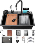 Single Bowl Kitchen Sink Stainless Steel Waterfall Sink with 3 in 1Pull-Out Tap, Chopping Board, and Cup Washer Multi-Functional Bar Sink Drop-in Or Undermount Installation(68x46cm)