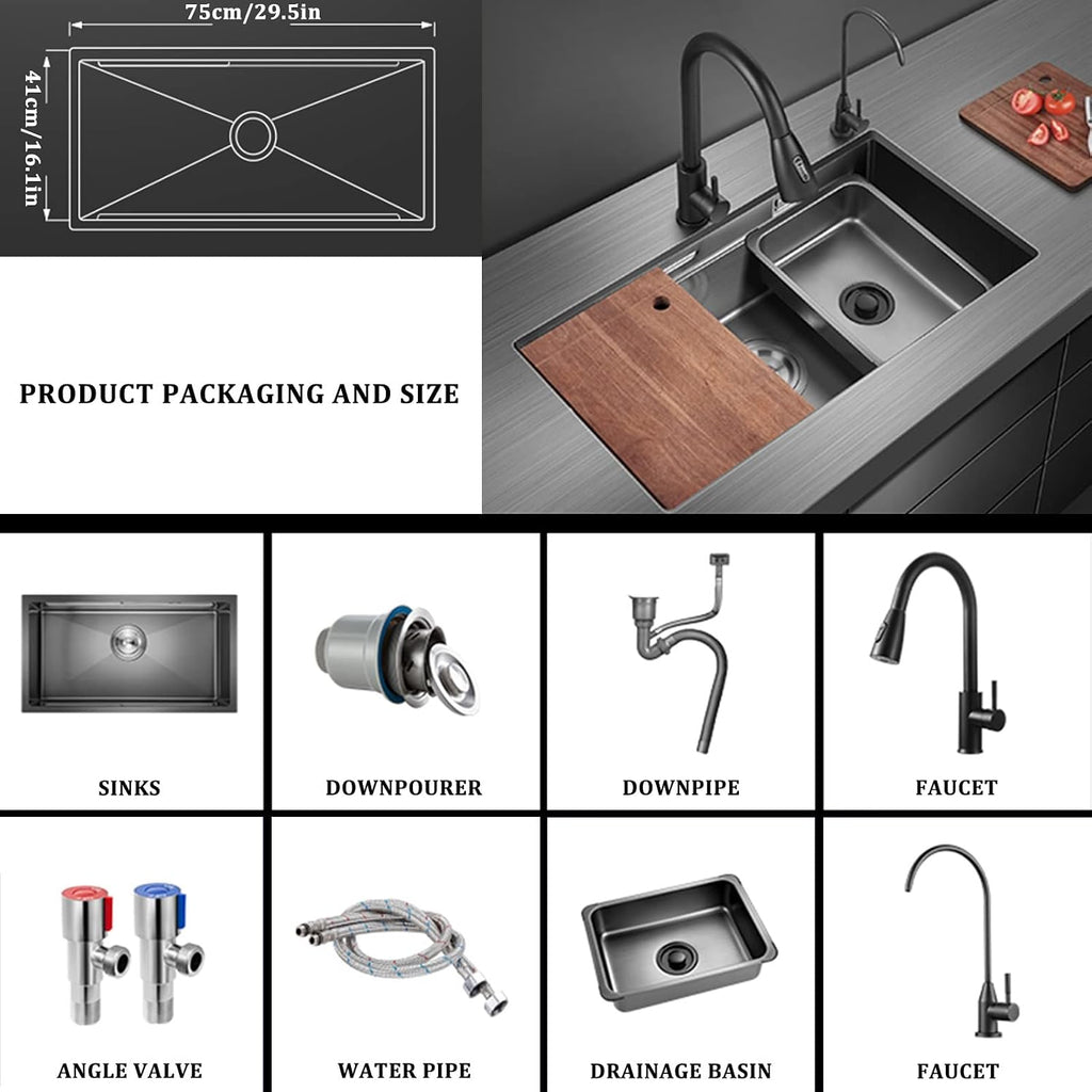 304 Stainless Steel Kitchen Sink Multi-functional Ladder Type Bar Sink Under Mount RV Sink Single Bowl Sink with Pull-Out Faucet and Drainage Components (Color : Black, Size : 75x41x21cm) (Black 7
