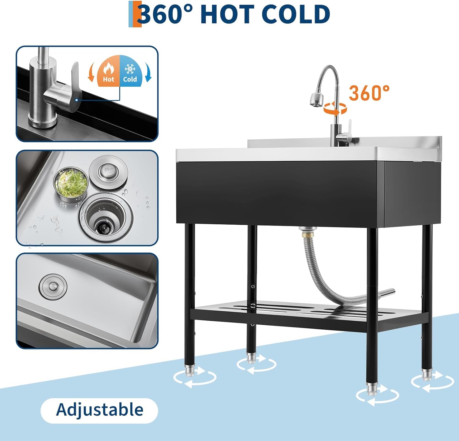 Garvee 36' Black Stainless Steel Utility Sink with Faucet, Adjustable Height Freestanding Commercial Sink with Hot & Cold Water, Shelf, Basket & Drain Kit for Kitchen, Garage, Laundry, or Outdoor Use