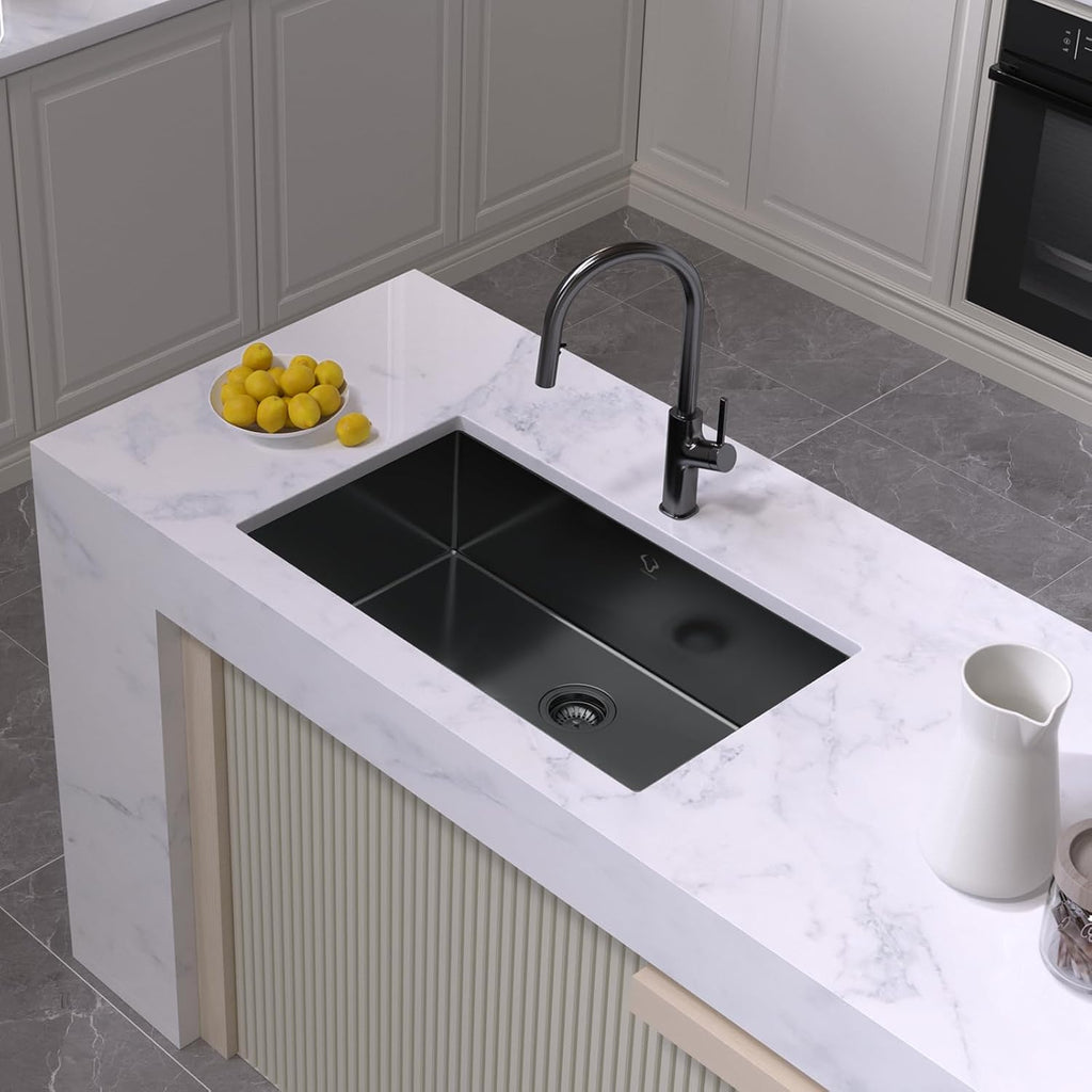 Kitchen Sink 30x18 Inch Undermount Kitchen Sink 16 Gauge Stainless Steel Single Bowl Gun Metal Black Finish with Accessories