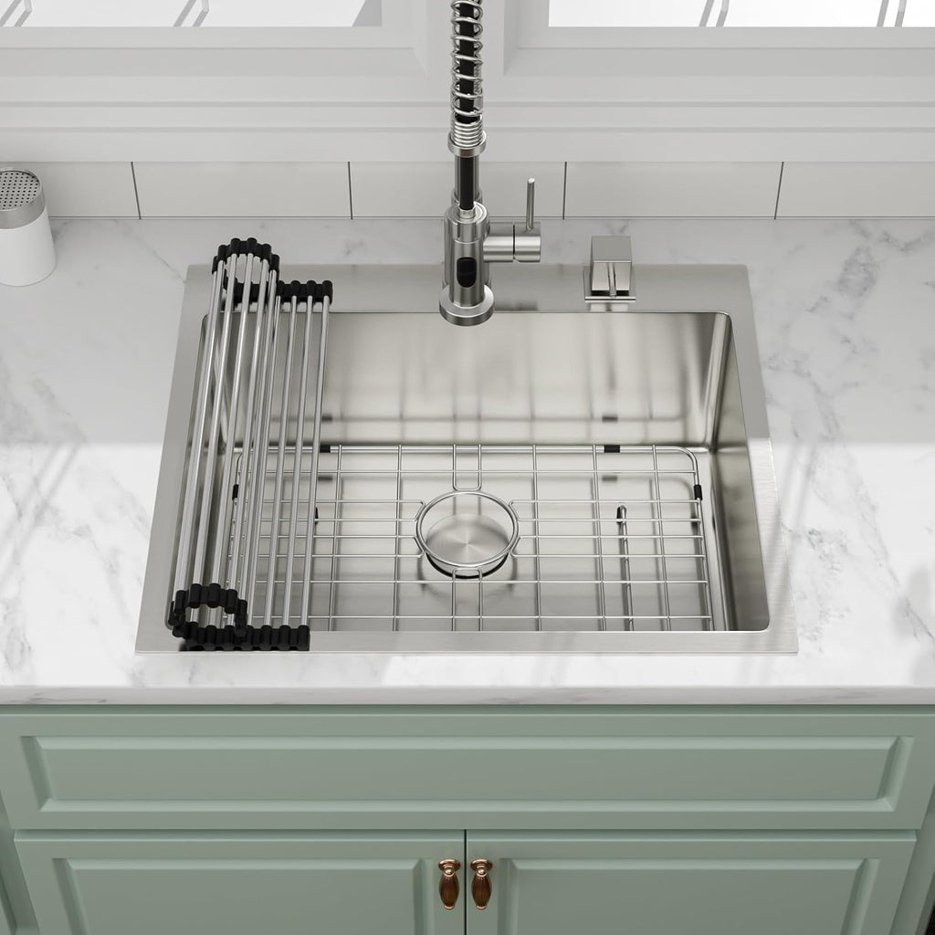 25 Inch Drop In Kitchen Sinks, 25'x22'x9' Topmount Stainless Steel Kitchen Sinks 16 Gauge 304 Drop Single Bowl Sink Basin R10 Corners, YST341