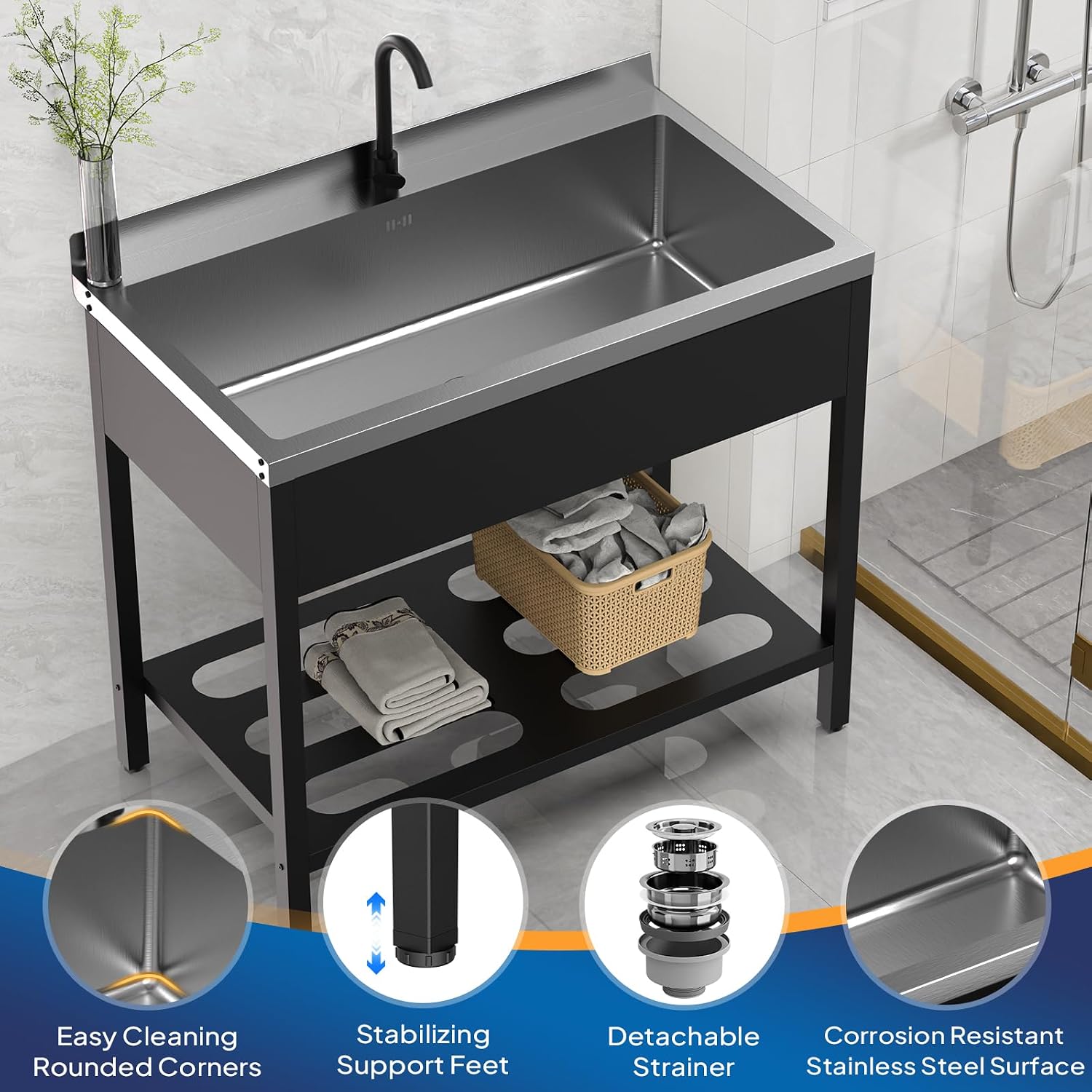 ROVSUN Black Electroplated Stainless Steel Utility Sink with Towel Rack and Storage Shelf, 23.2'D x 41.7'W x 38.9'H, Freestanding Laundry & Prep Sink for Home, Restaurant, Garage, and Outdoor Use
