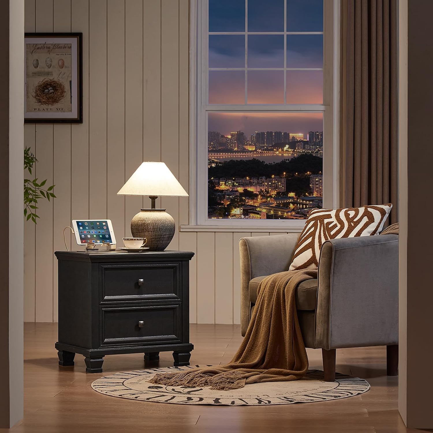 SAVOR LIFE Farmhouse Nightstand with Charging Station, Rustic Low Night Stand with 2 Drawers, Mid-Century Modern End Table with 4 Square Solid Wood Legs, Small Dresser for Bedroom, Home, Black