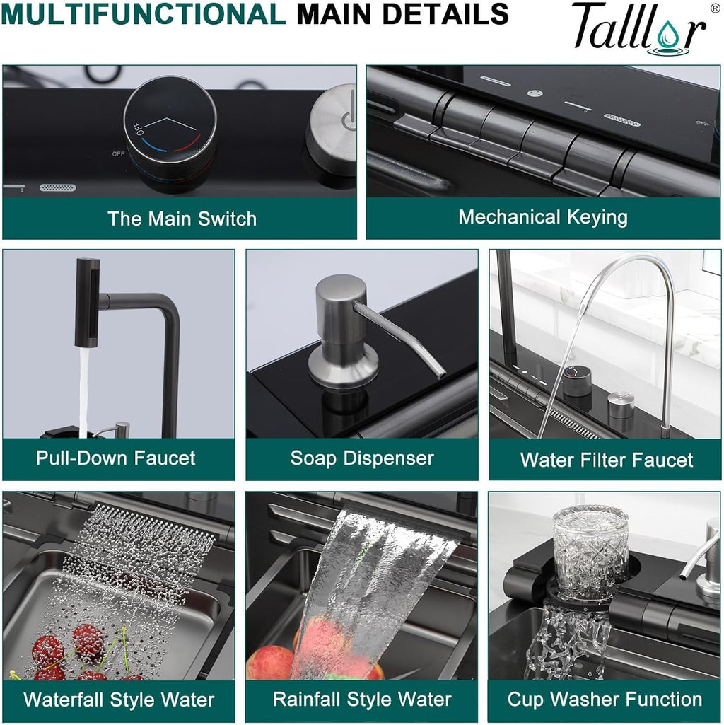 Smart Kitchen Sink - 30' Drop In Waterfall Single Bowl 16 Gauge 304 Stainless Steel Workstation Sink with Mechanical Control Panel & Pull-Down Faucet, Gunmetal Black for Decoration #TLWF-0012
