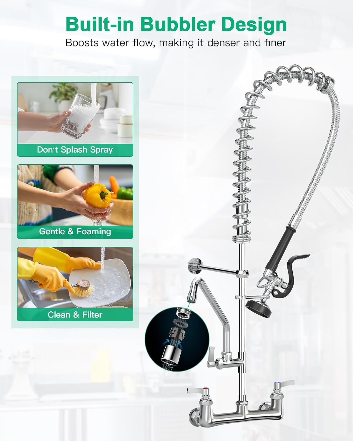 Commercial Faucet with Sprayer for Kitchen Staff: 36 Inches Commercial Faucet Pre Rinse Sprayer 8 inch Center Wall Mount Kitchen with 12 inch Add on Spout