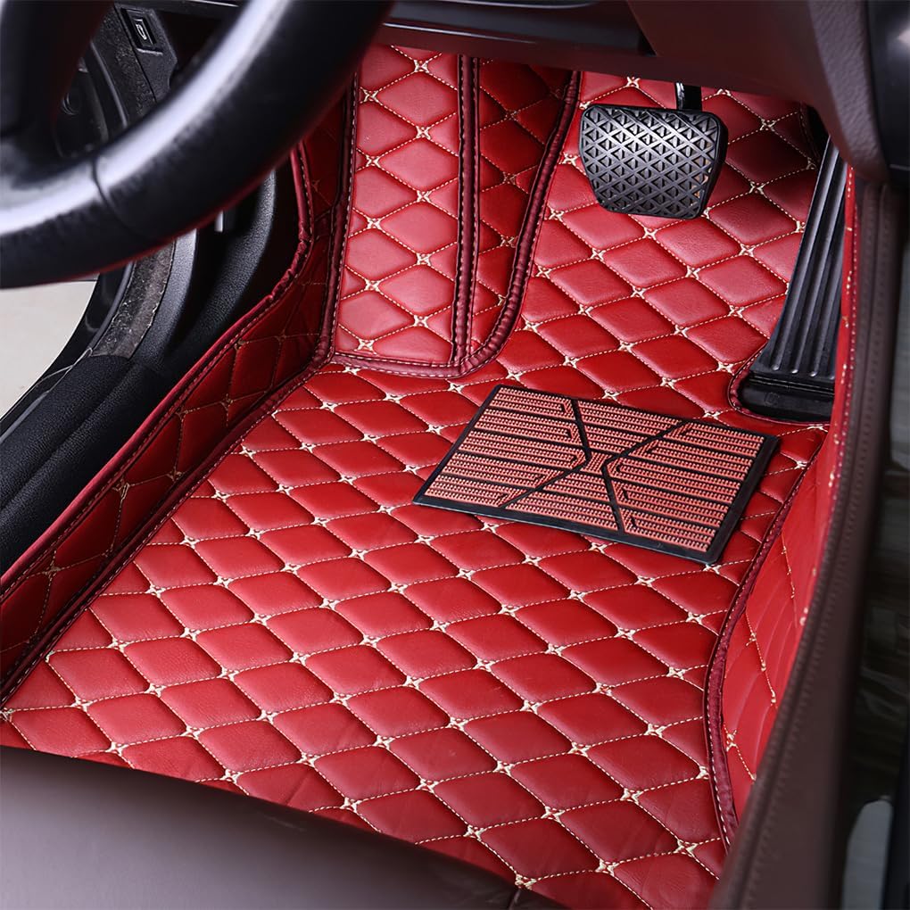 Car Floor Mats for Dodge Challenger 2015-2019,Leather Luxury Floor Liner All Weather Protection Carpet. (Full Set/Red-Cream Color)