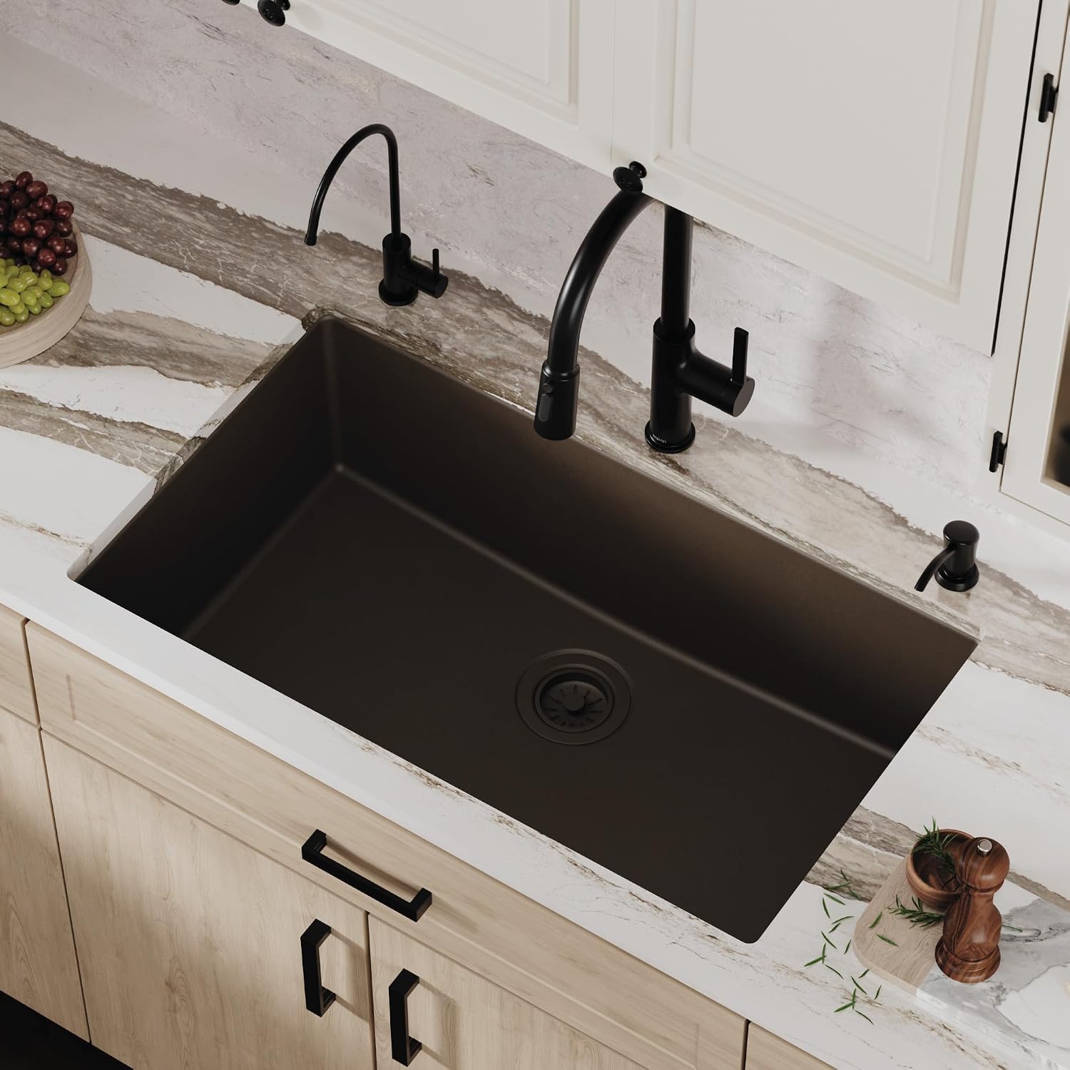 Karran Undermount 33' Large Single Bowl Granite Quartz Composite Kitchen Sink in Brown – Extra Deep 9' Basin, Heat & Scratch Resistant, Sound Dampening, Rear Drain – QU-812