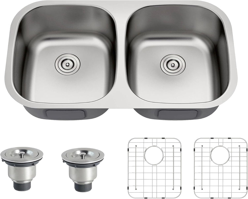32 Inch Double Bowl Kitchen Sink 304 Stainless Steel 50/50 Undermount 18 Gauge Curved Shape Round Corner Sinks with Strainer and Protected Grid 32' x 18' x 9'