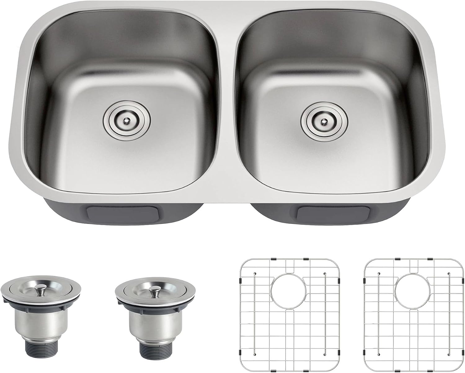 32 Inch Double Bowl Kitchen Sink 304 Stainless Steel 50/50 Undermount 18 Gauge Curved Shape Round Corner Sinks with Strainer and Protected Grid 32' x 18' x 9'