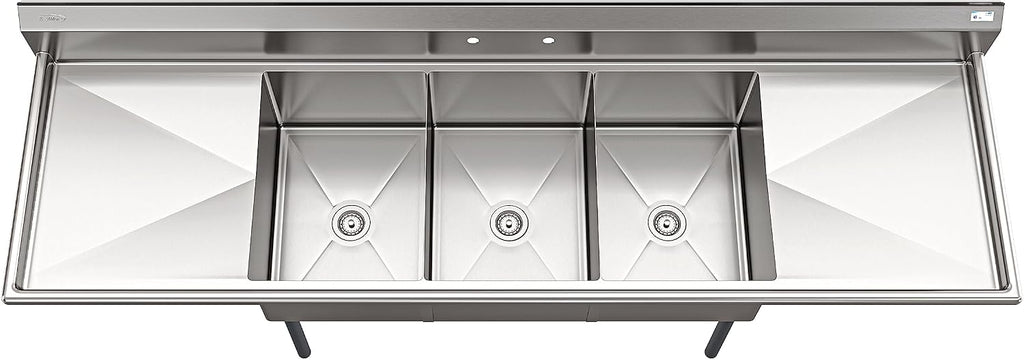 KoolMore 102 in. Three Compartment 18-Gauge Stainless-Steel NSF Commercial Kitchen Sink, Bowl Size 18x24x14, with Three Basins for Washing and Rinsing Dishes with Two Drainboards (KM-SC182414-24B3)