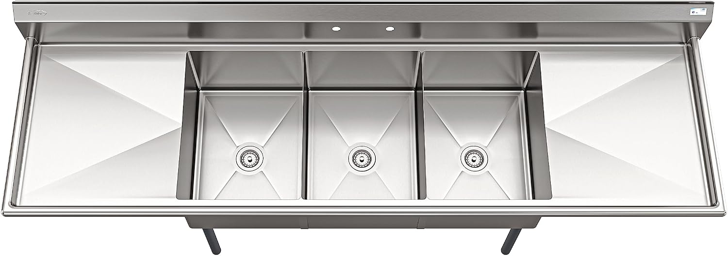KoolMore 102 in. Three Compartment 18-Gauge Stainless-Steel NSF Commercial Kitchen Sink, Bowl Size 18x24x14, with Three Basins for Washing and Rinsing Dishes with Two Drainboards (KM-SC182414-24B3)