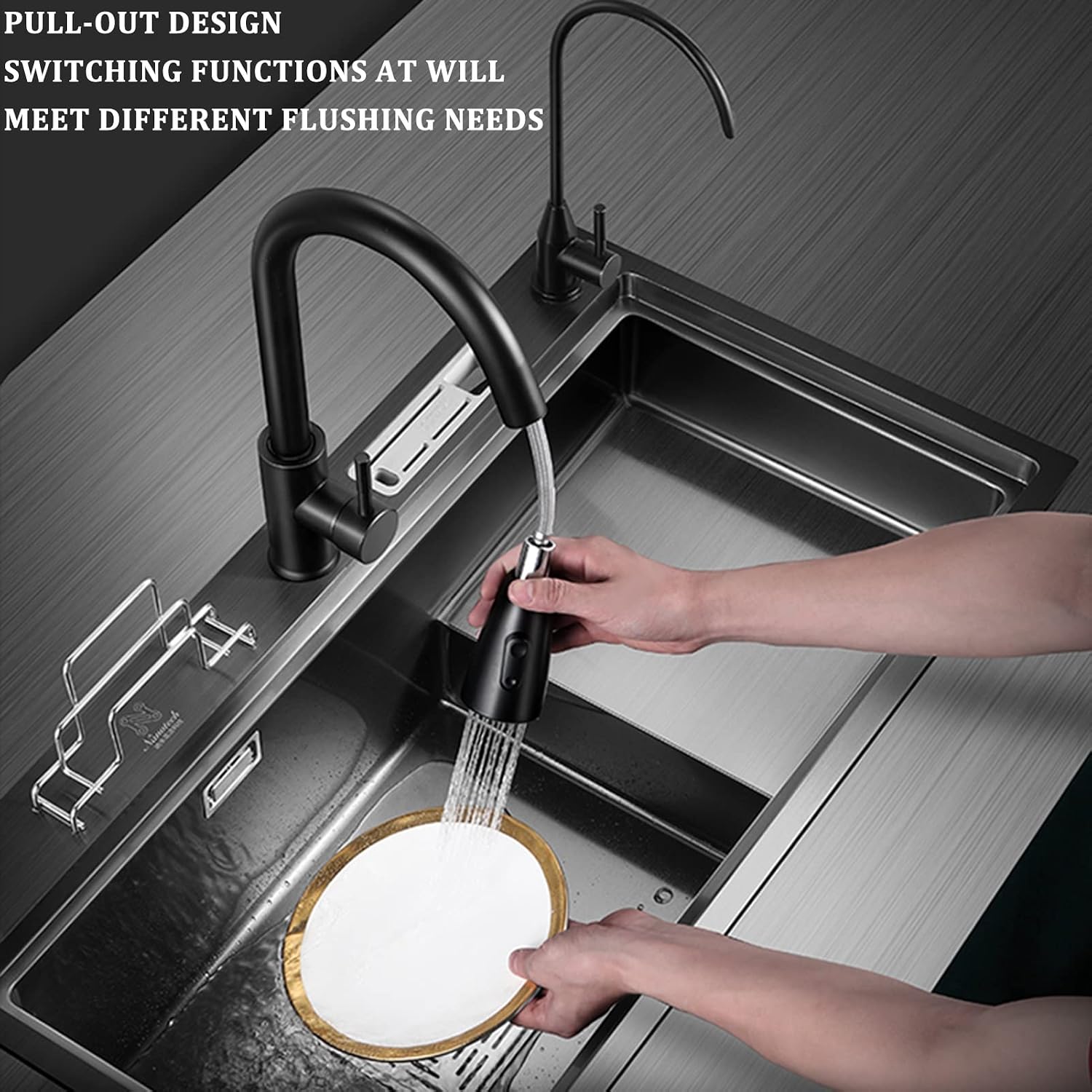 304 Stainless Steel Single Bowl Kitchen Sink Multifunctional Ladder Type Bar Sink RV Sink with Pull-Out Faucet Top Mount Or Undermount (Color : Black, Size : 80x45x24cm)