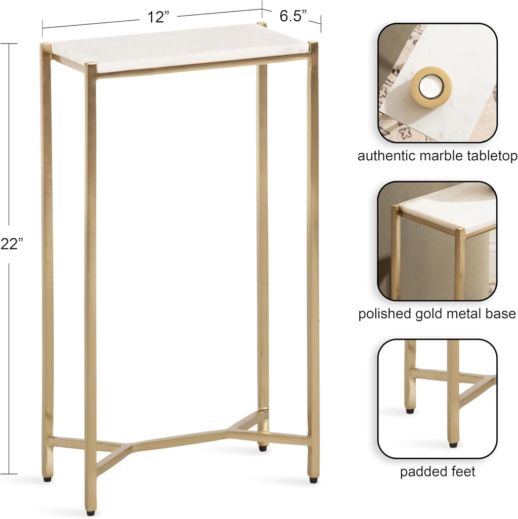 Kate and Laurel Aguilar Modern Glam Slim Side Table; 12 x 7 x 22; White Marble and Gold; Decorative Narrow End Table for Use as Skinny Bedroom Nightstand or Living Room Mini Table