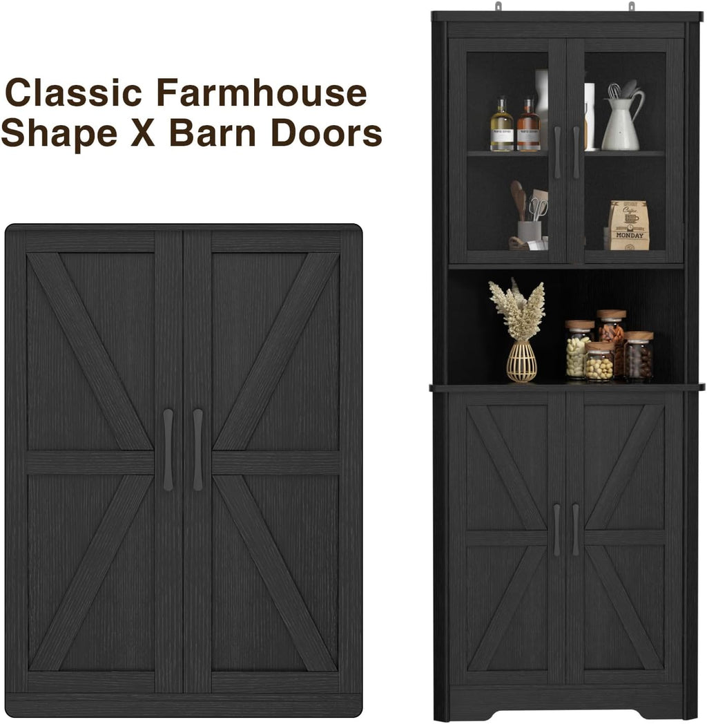 67''H Black Tall Farmhouse Corner Storage Cabinet with 4 Tempered Glass Doors and Barn Doors, Narrow Bathroom Cabinet with 2 Adjustable Shelves, Corner Hutch for Kitchen, Dining Living Room