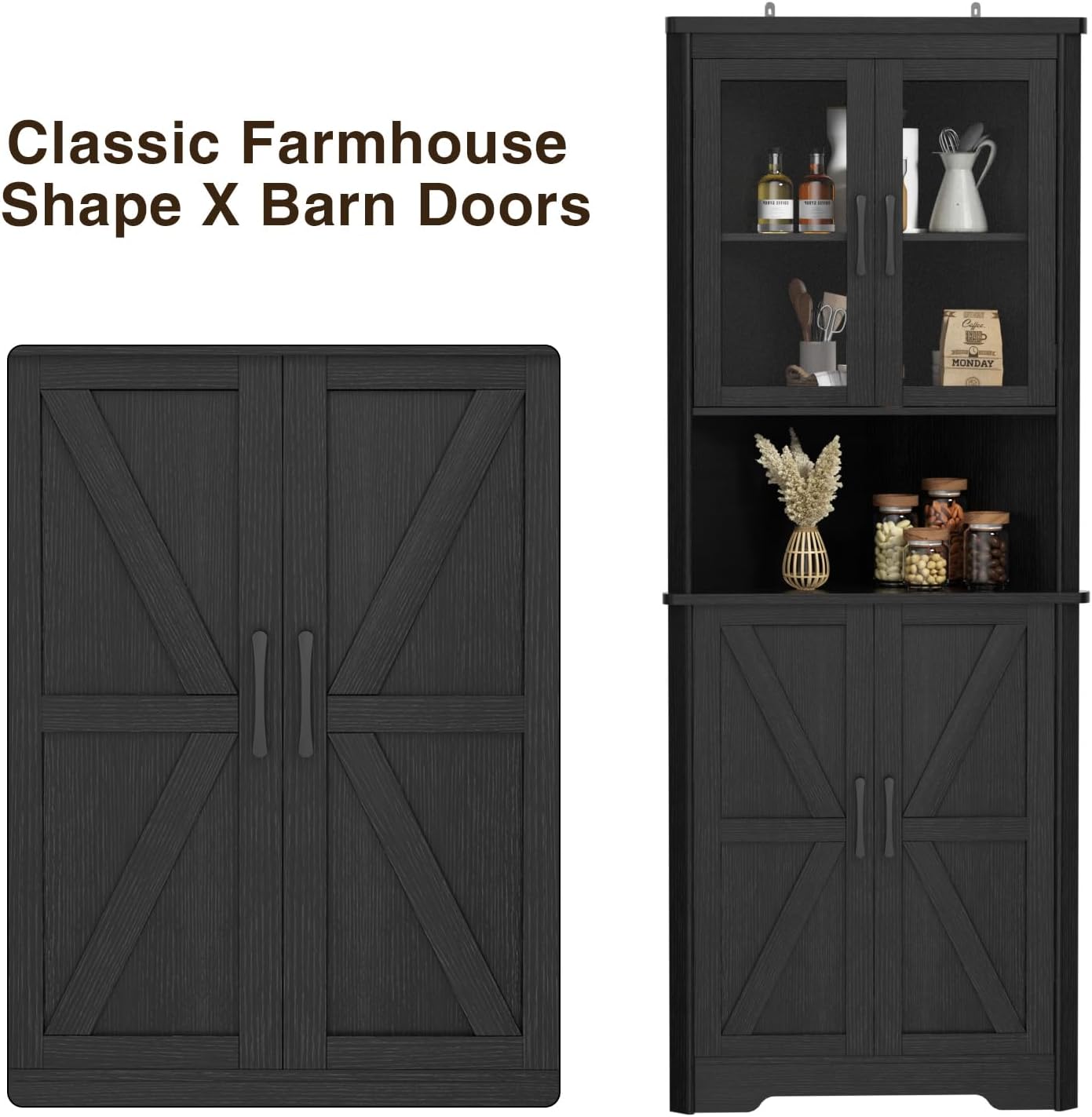 67''H Black Tall Farmhouse Corner Storage Cabinet with 4 Tempered Glass Doors and Barn Doors, Narrow Bathroom Cabinet with 2 Adjustable Shelves, Corner Hutch for Kitchen, Dining Living Room