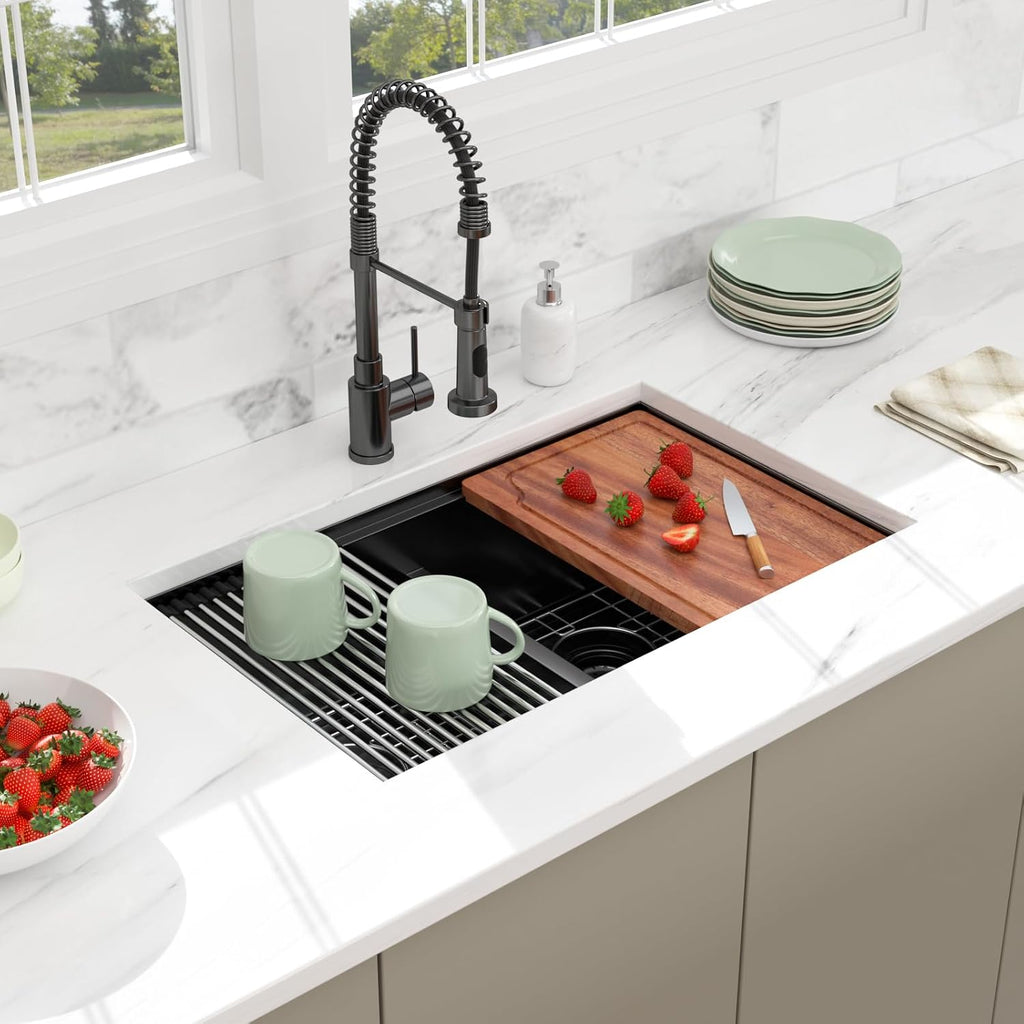 30 Black Undermount Kitchen Sink - 30x19 Gunmetal Black Double Bowl Kitchen Sinks Workstation 16 Gauge Stainless Steel Sink Low Divide Double Basin 50/50