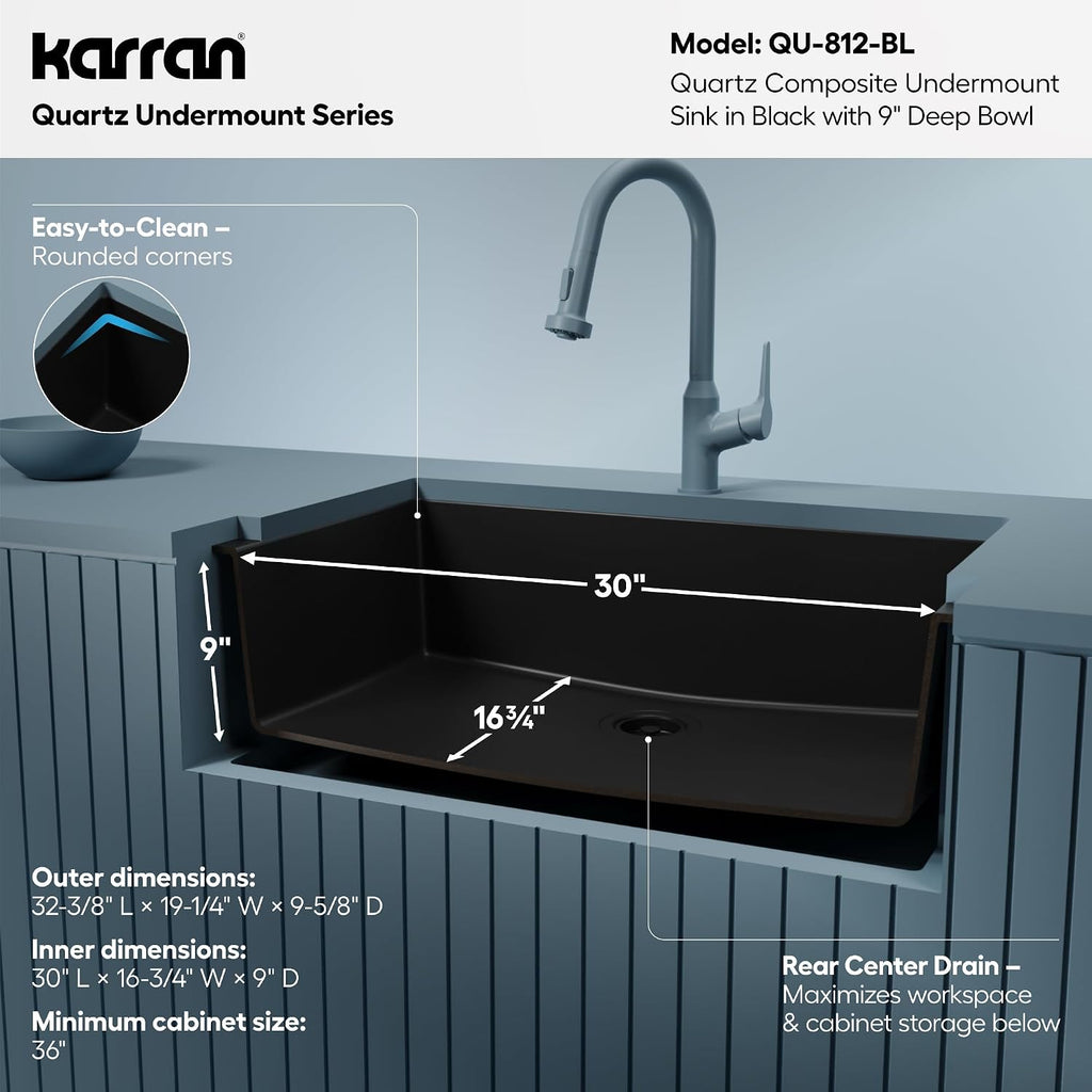 Karran Undermount 33' Large Single Bowl Granite Quartz Composite Kitchen Sink in Black – Extra Deep 9' Basin, Heat & Scratch Resistant, Sound Dampening, Rear Drain – QU-812