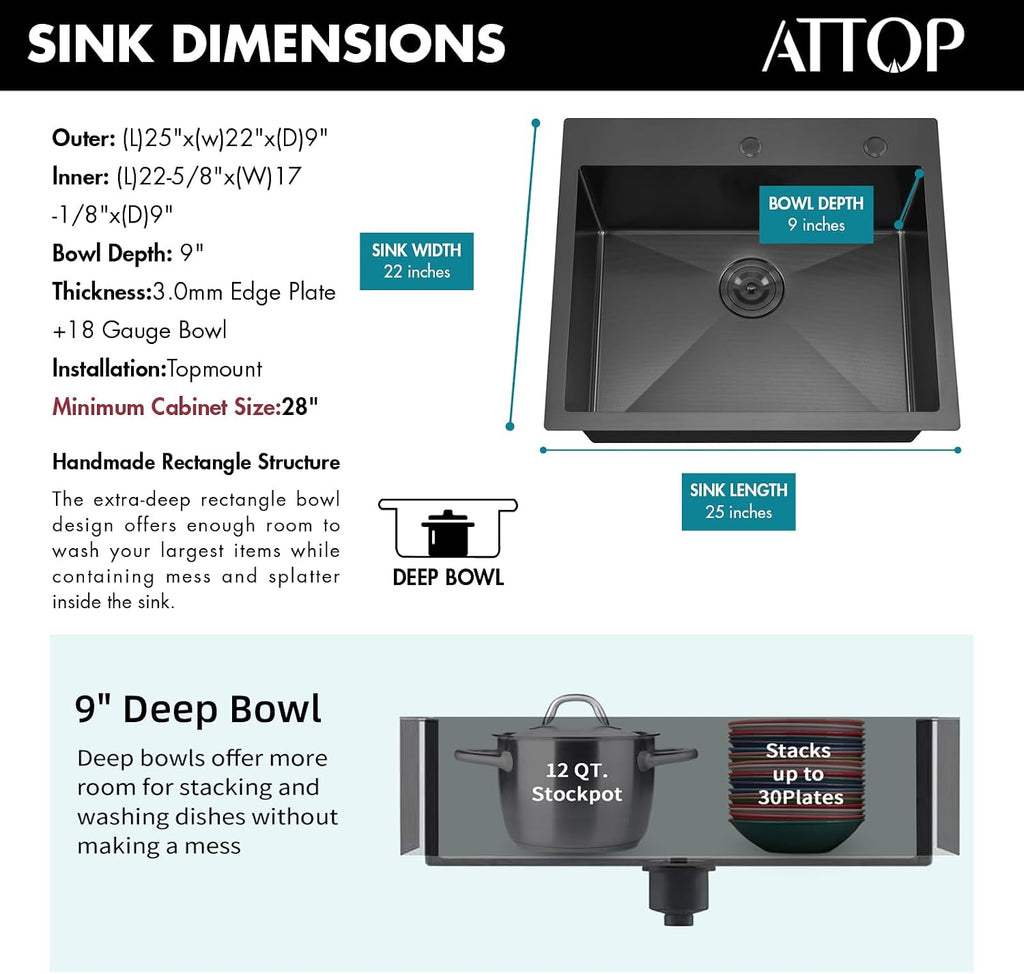 ATTOP 25 Inch Black Drop in Stainless Steel Medium Single Bowl Kitchen Sink,25x22 Nano Black Handmade Single Bowl Drop in Kitchen Sink