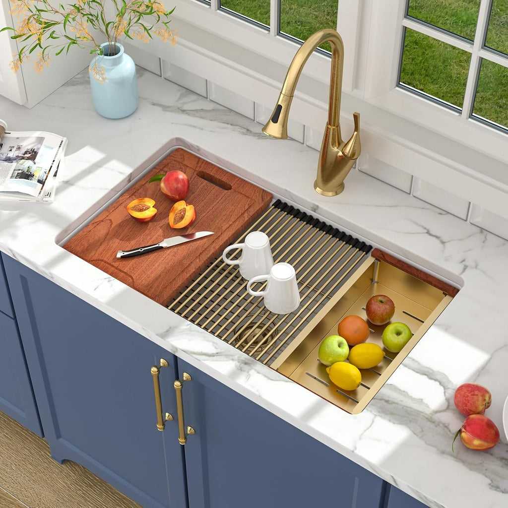 Lordear 33 Inch White Kitchen Sink Fireclay Porcelain Ceramic Undermount Sinks Single Bowl Rectangular Basin Workstation with Slide Ledge Dual Mount 33x19x10 Inch