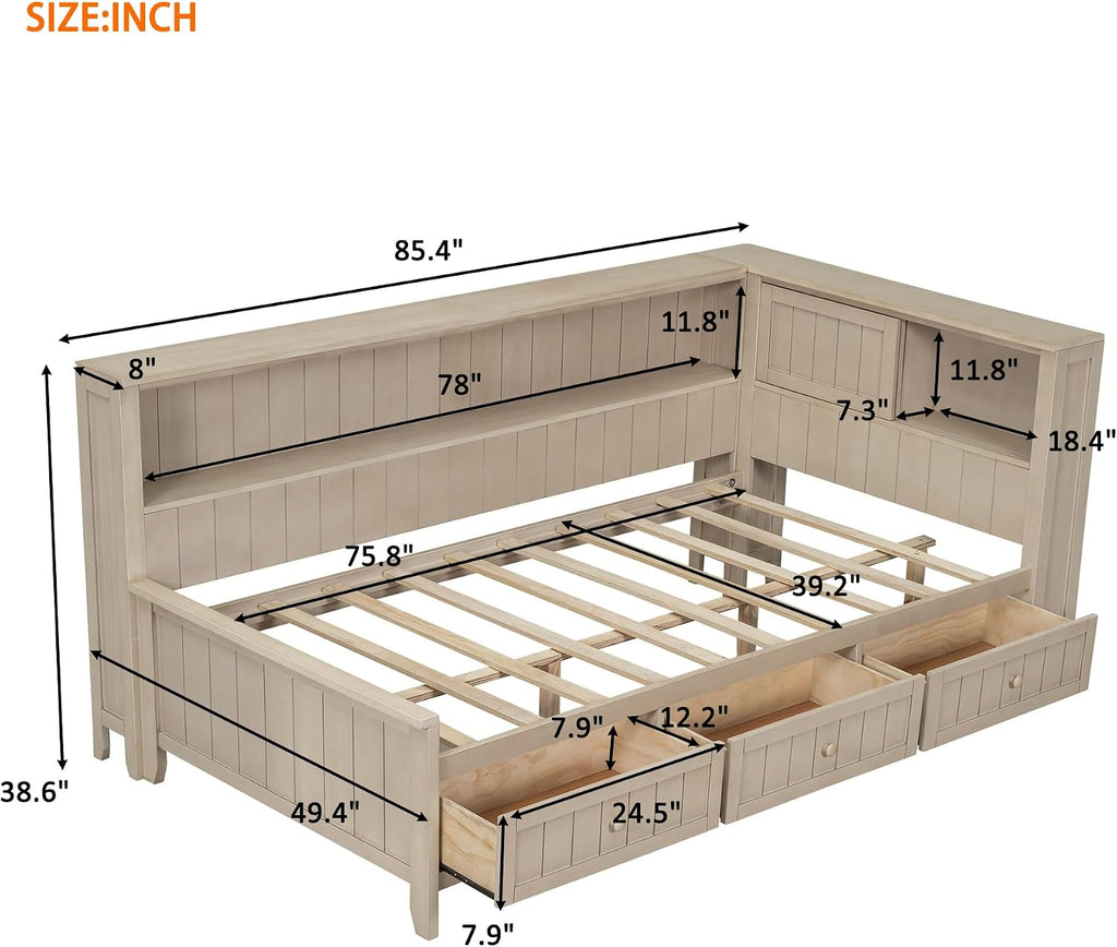 Merax Twin Size Daybed Frame with Storage Drawers and Shelves, Wood Twin Daybed with Headboard for Kids Teens, L-Shaped Corner Bed Twin Size for Guestroom Living Room, Apricot White