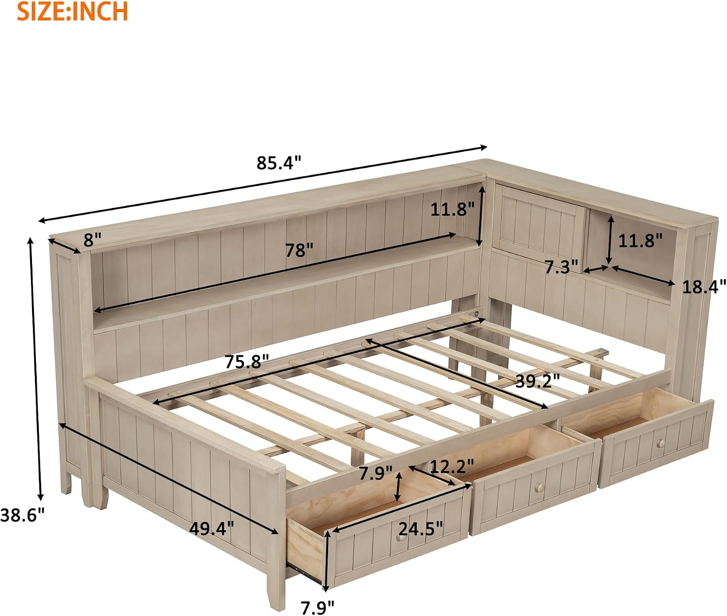 Merax Twin Size Daybed Frame with Storage Drawers and Shelves, Wood Twin Daybed with Headboard for Kids Teens, L-Shaped Corner Bed Twin Size for Guestroom Living Room, Apricot White