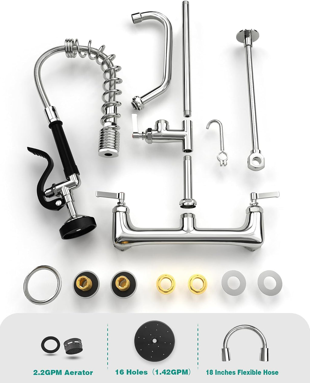 Commercial Kitchen Faucet Heavy Duty Wall Mount Sink Faucet, 8 Inch Center 25 Inch Commercial Kitchen Faucet with Pre-Rinse Sprayer （Black） and 10 Inch Add-On Spout for 1,2,3 Compartment Sinks