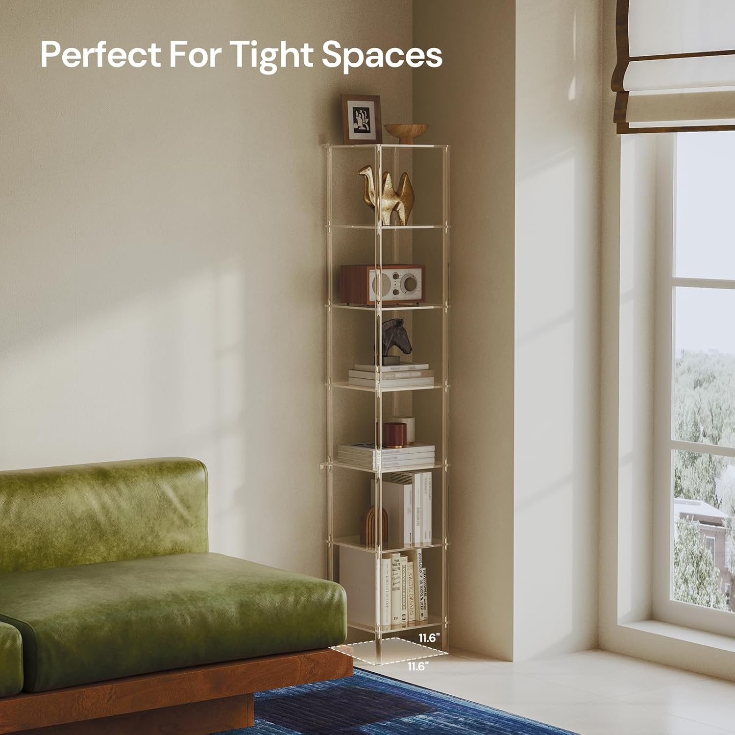 7-Tier Square Acrylic Bookshelf, Clear Tall Narrow Bookcase for Small Space, Corner Open Display Book Shelves for Home Office, Living Room, Bedroom, Modern, 11.6''W x 63.7''H