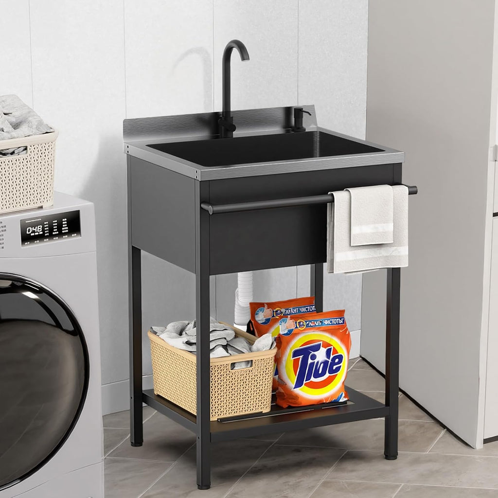 ROVSUN Black Electroplated Stainless Steel Utility Sink with Towel Rack and Storage Shelf, 20.7'D x 25.7'W x 38.9'H Freestanding Laundry & Prep Sink for Home, Restaurant, Garage, and Outdoor Use