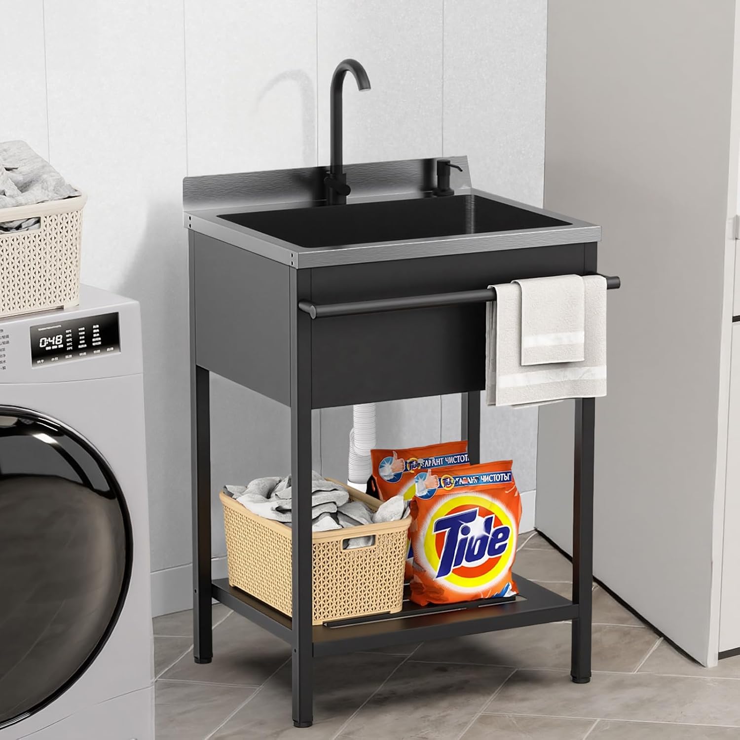 ROVSUN Black Electroplated Stainless Steel Utility Sink with Towel Rack and Storage Shelf, 20.7'D x 25.7'W x 38.9'H Freestanding Laundry & Prep Sink for Home, Restaurant, Garage, and Outdoor Use