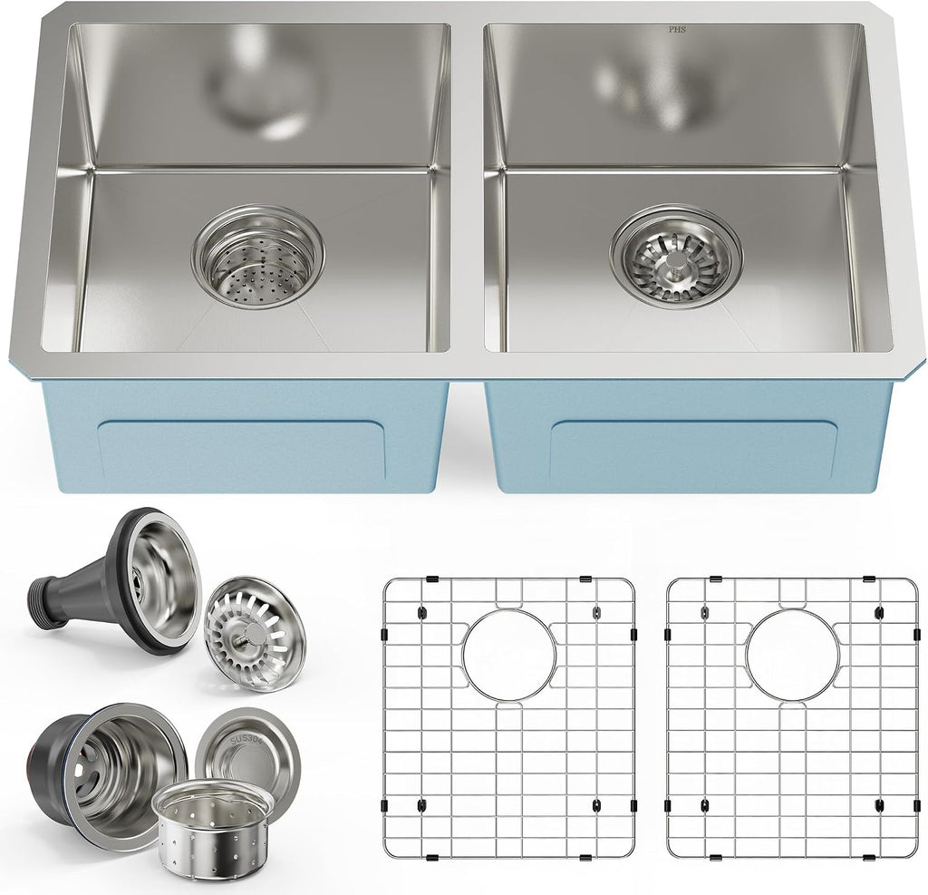 PHS 33-Inch Undermount -50/50 Double Bowl 16 Gauge Stainless Steel Kitchen Sink with Accessories, 9 Inch Deep Sinks with Brushed Finish