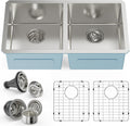 PHS 33-Inch Undermount -50/50 Double Bowl 16 Gauge Stainless Steel Kitchen Sink with Accessories, 9 Inch Deep Sinks with Brushed Finish
