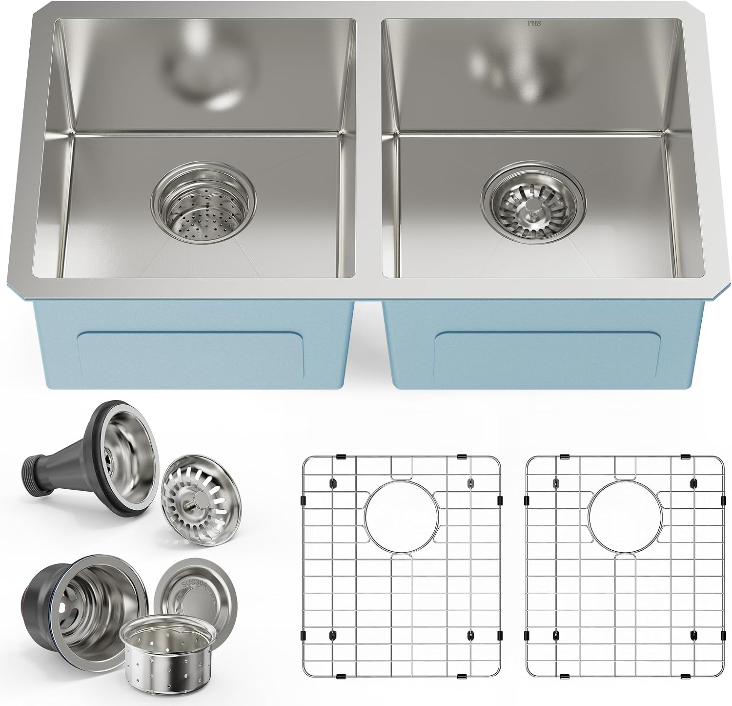 PHS 33-Inch Undermount -50/50 Double Bowl 16 Gauge Stainless Steel Kitchen Sink with Accessories, 9 Inch Deep Sinks with Brushed Finish