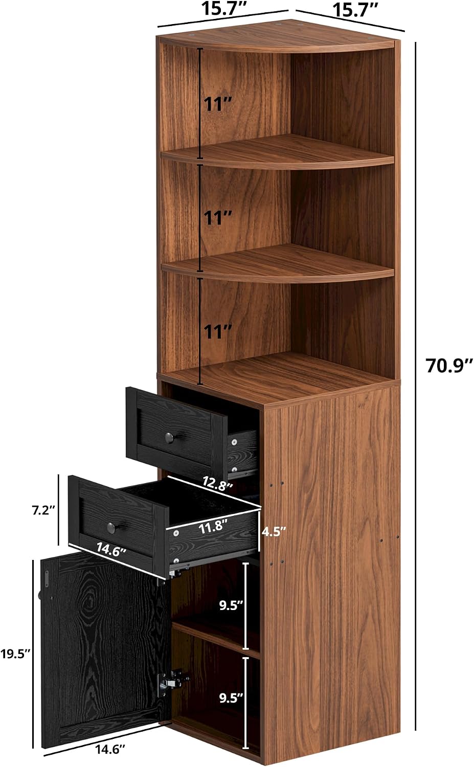 IRONCK Corner Bookshelf and Bookcase, 71' H Wooden Book Shelves 3 Tier with Drawers and Storage Cabinet for Living Room, Office, Bedroom, Brown and Black