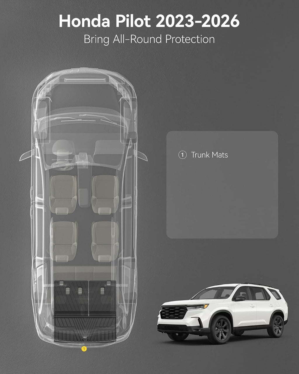 3W Cargo Liner Fit for Honda Pilot 2023 2024 2025 2026 TPE Custom Fit All Weather Honda Pilot Accessories 2023-2026 Odorless Anti-Slip Mats Trunk Mats Black