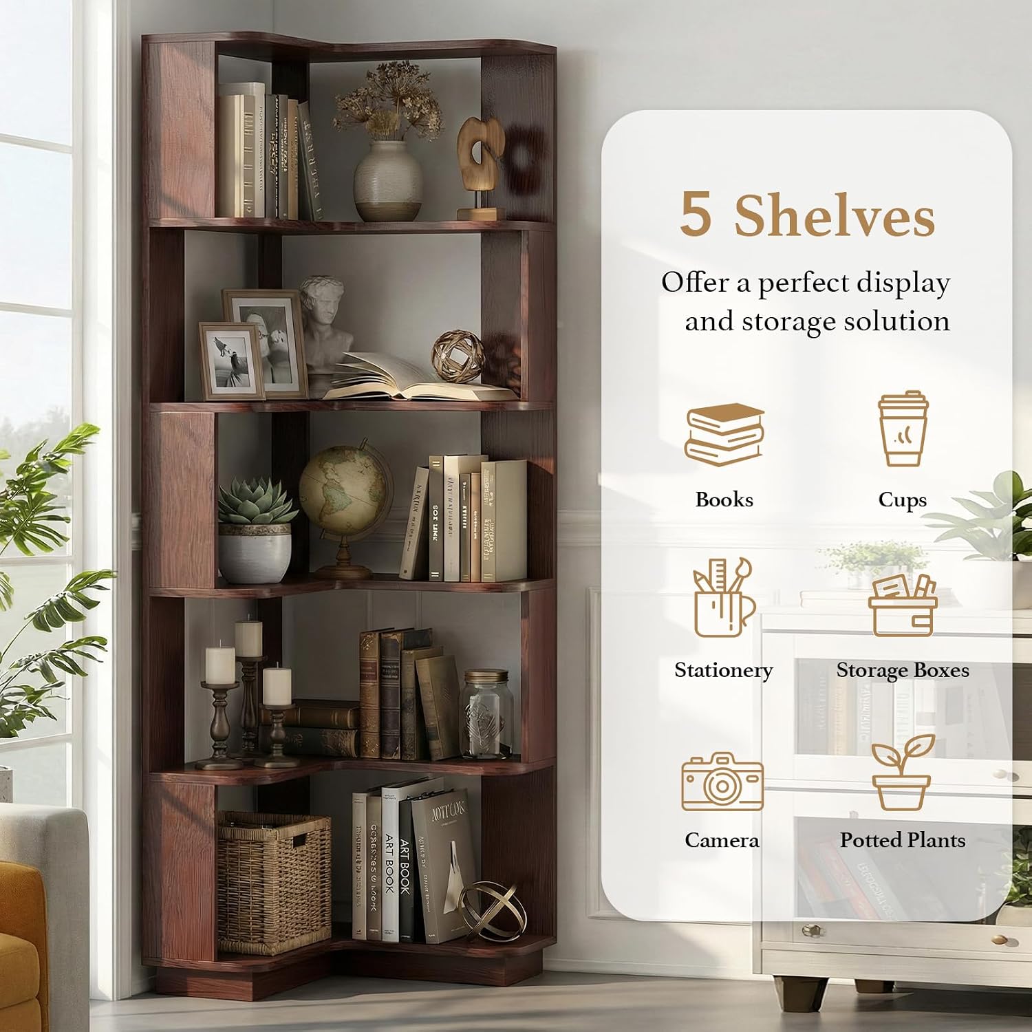 5 Tier Corner Bookshelf, Freestanding L-Shaped Wooden Bookcase with Open Shelves, Anti-Fall Panels and Anti-Tipping Device for Living Room, Bedroom, Home Office (Ox Blood Red)
