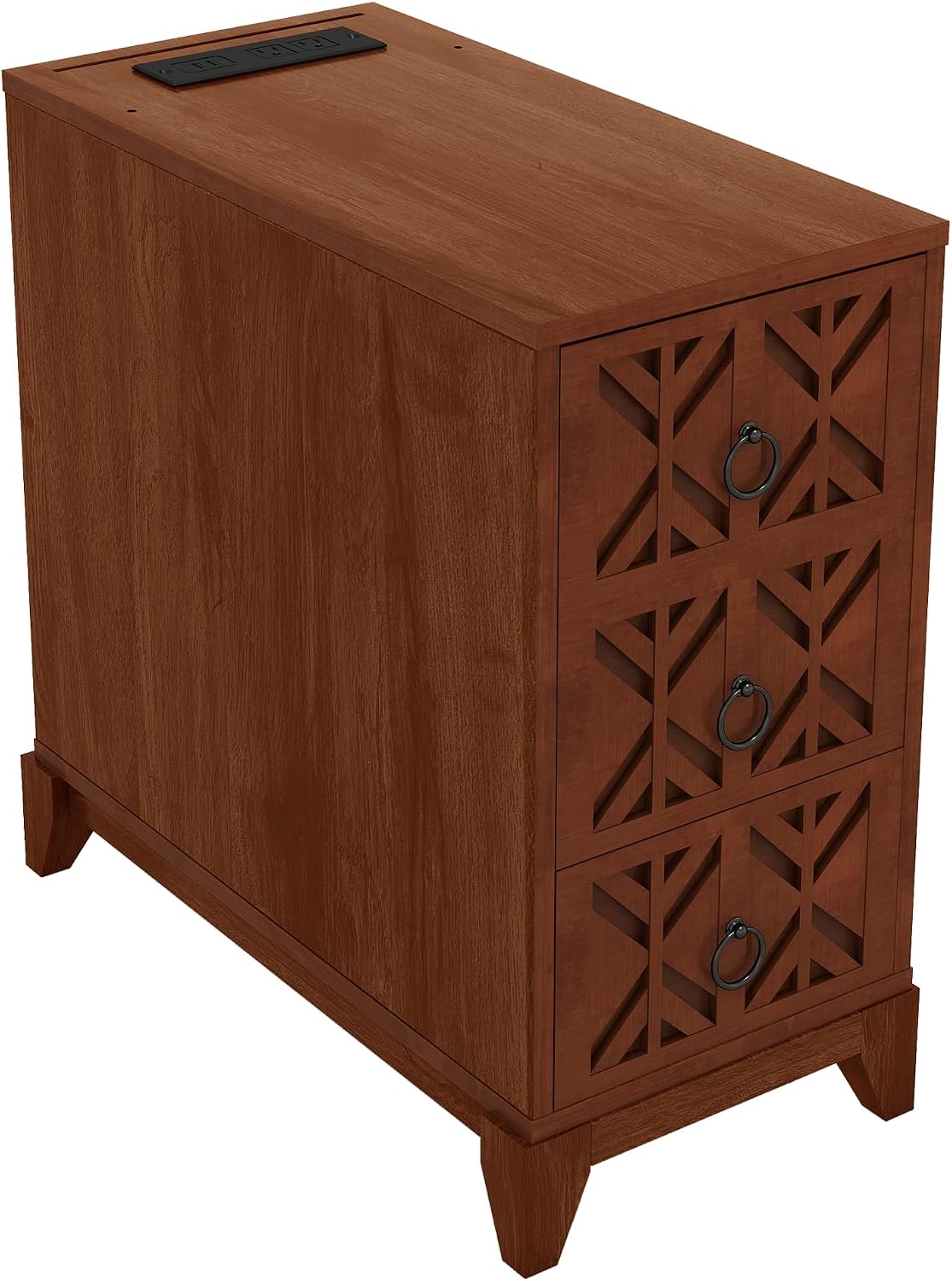 End Table with 3 Drawers & 4 Adjustable Shelves,Corner Table with USB & AC Charge Station,X-Shaped Carved Front,Solid Wood Frame,Tall Narrow Side Tables for Bedroom,Living Room,Small Space,Natural