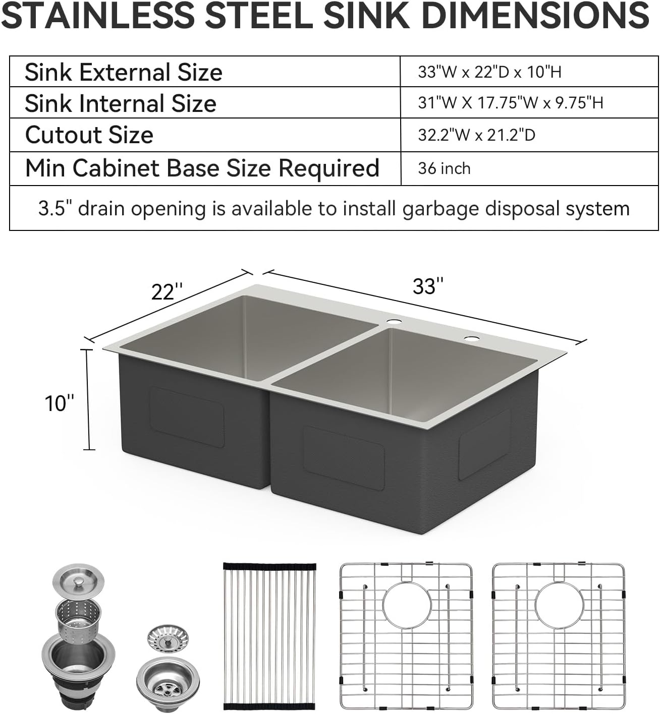Lordear 33 Inch Drop in Kitchen Sink Double Bowl Kitchen Sinks 16 Gauge 304 Stainless Steel 50/50 Topmount Double Basin Sink