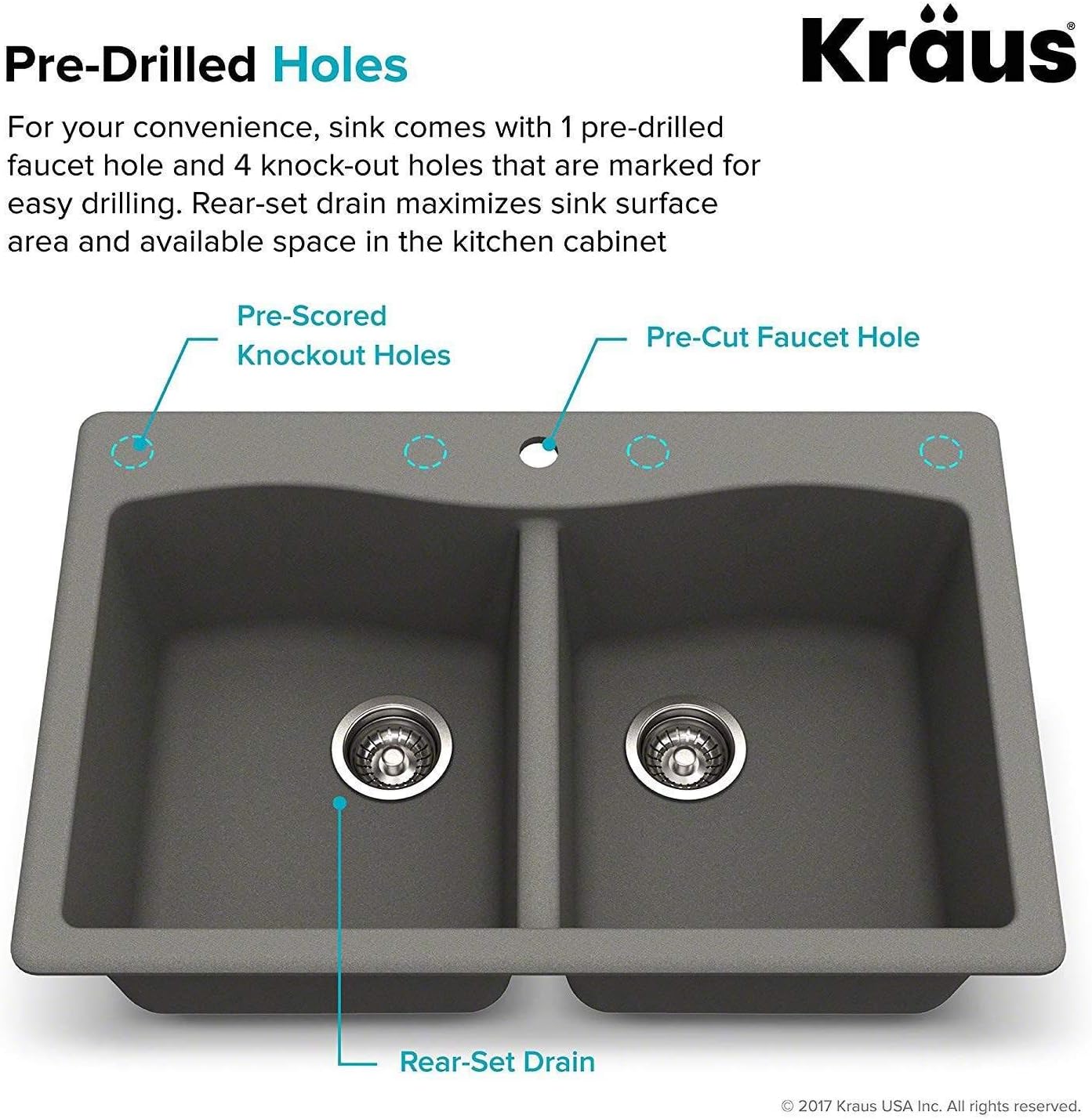KRAUS Forteza™ 33' Dual Mount 50/50 Double Bowl Granite Kitchen Sink in Grey, KGD-52GREY