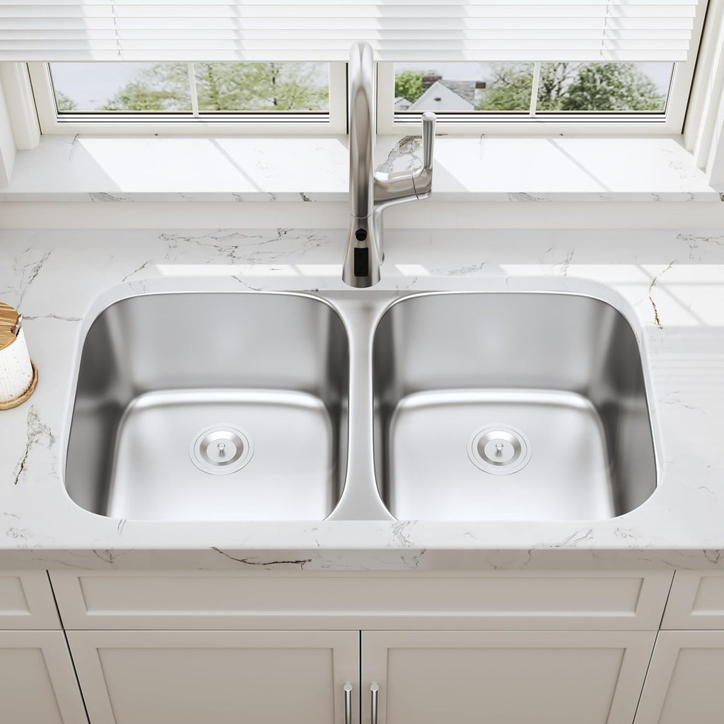 32 Inch Undermount Doube Bowl Kitchen Sink, 18 Gauge 304 Stainless Steel 50/50 Curved Shape Deep Kitchen Sinks, Strainer Included, 32' x 18' x 9'