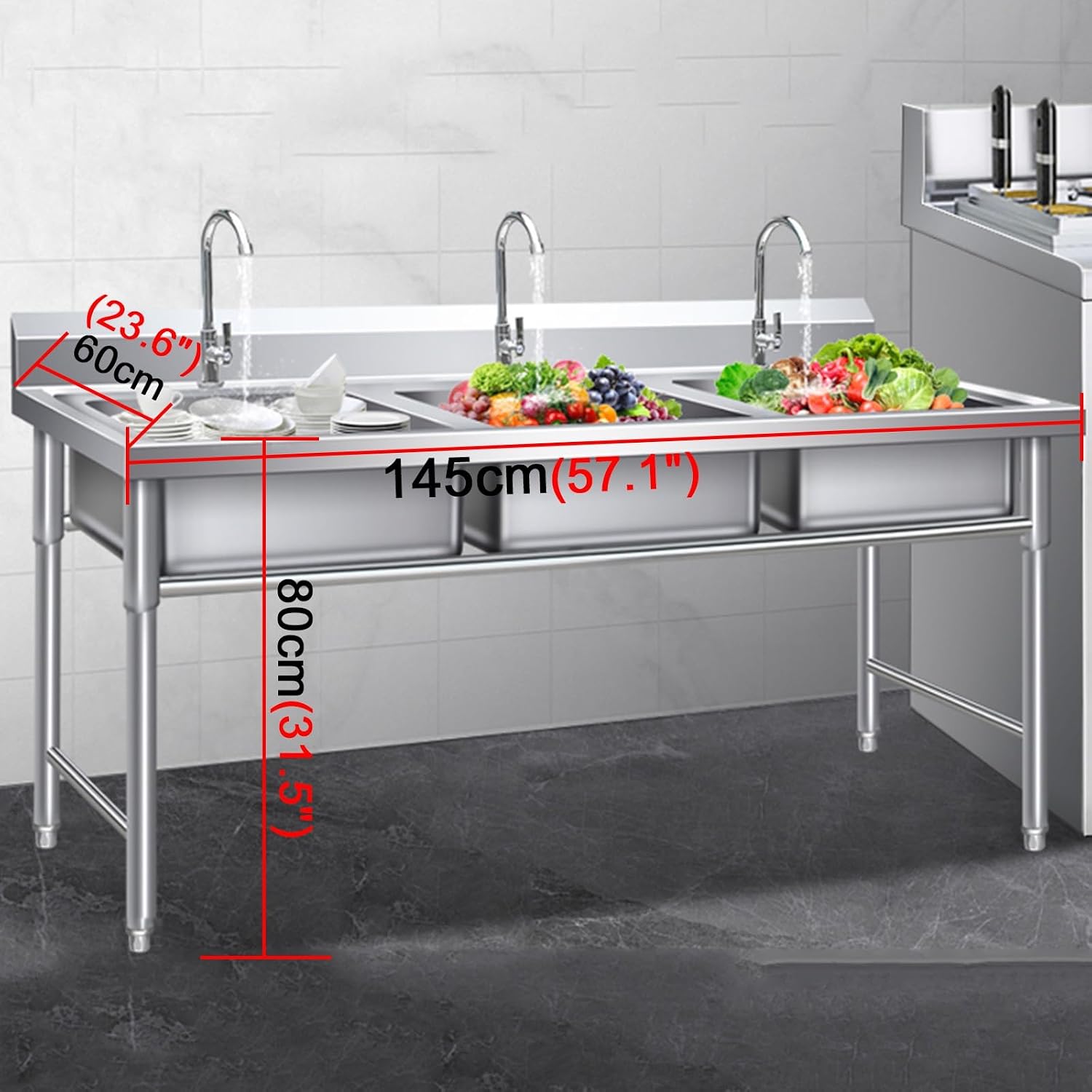 Triple-bowl Design Stainless Steel Sink Includes Accessories Beam-Reinforced Outdoor Sinks with Backrest H80cm (31.5') X-Flow Adjustable Feet Large Opening