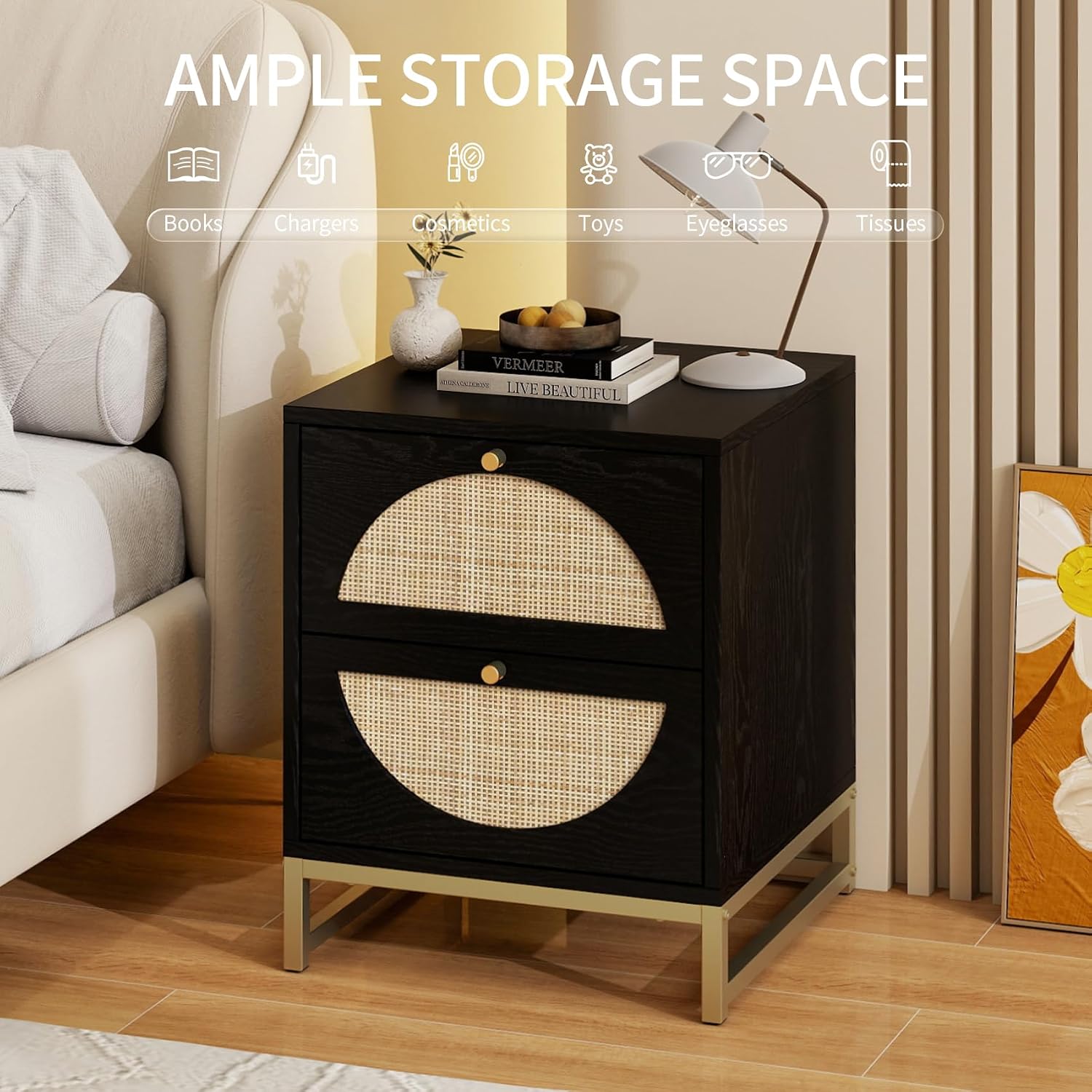 Rattan Nightstand, Boho Bedside Tables with 2 Drawer, Rustic End Table with Storage, Side Table for Living Room, Bed Room, Office, Black, Set of 2