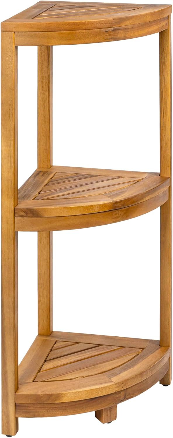 happimess SHF1000A Sela 33' Classic Minimalist 3-Tier Acacia Wood Freestanding Bathroom Corner Shelf, Shower Organizer, Storage Rack for Bath, Office, Kitchen Desktop, Natural