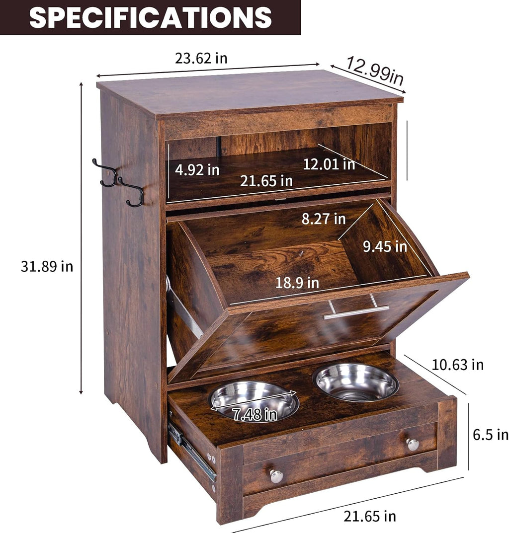Dog Feeding Station with Storage,Pet Feeding Station Food Storage Cabinet with 2 Elevated Dog Bowls for Water and Feeding Supplies,Dog & Cat Storage Organizer with Drawer,Brown